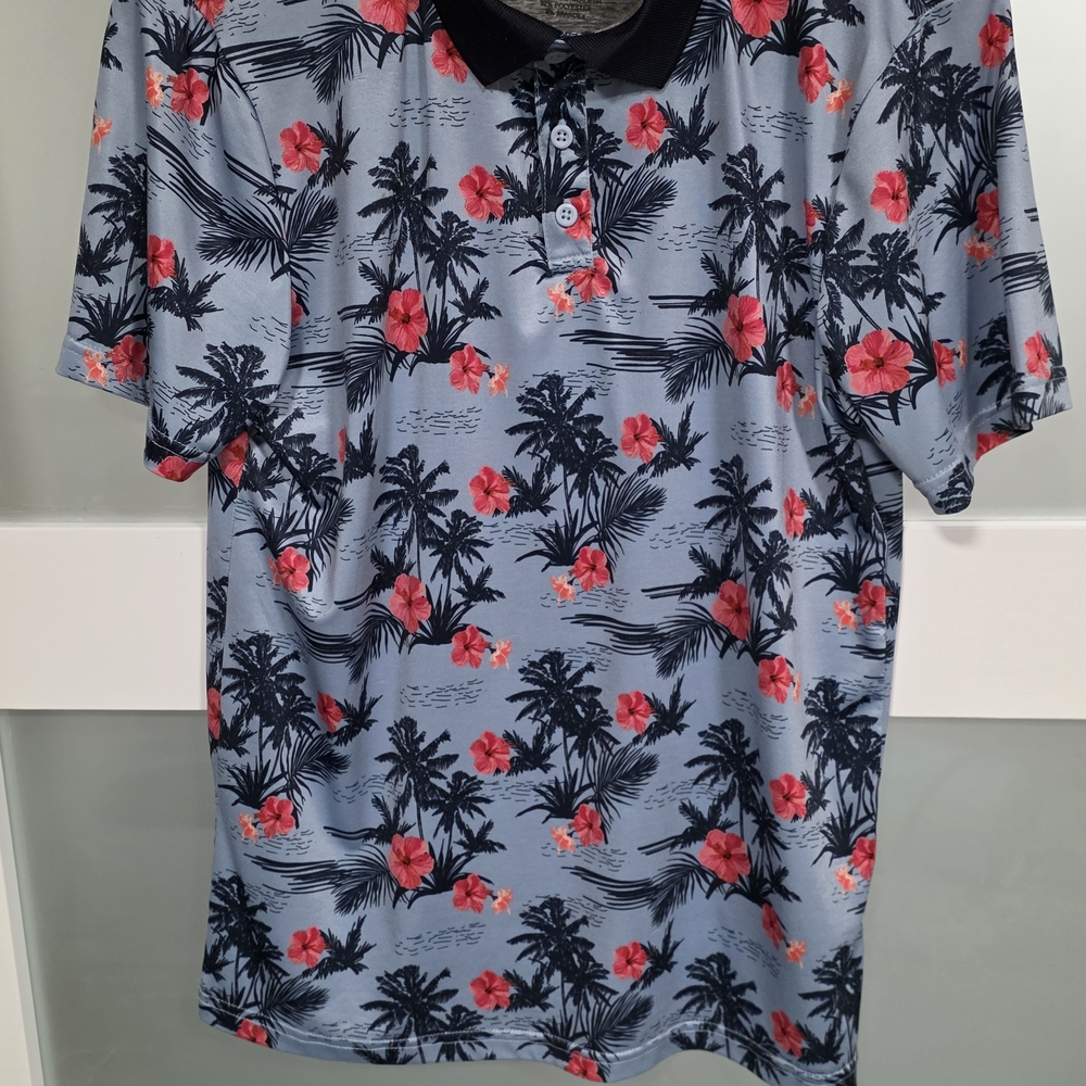 Leg3nd Golf Men's Light Blue Floral Polo Shirt with Navy Collar